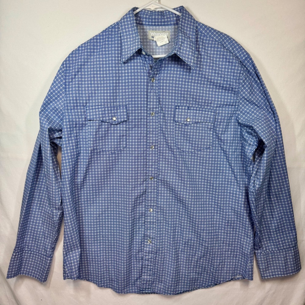 Wrangler Wrancher Western‎ Shirt Blue Geometric Print Snap Long Sleeve Sz XL